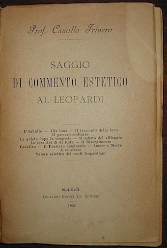 Camillo Trivero Saggio di commento estetico al Leopardi... 1892 Salò Giovanni Devoti